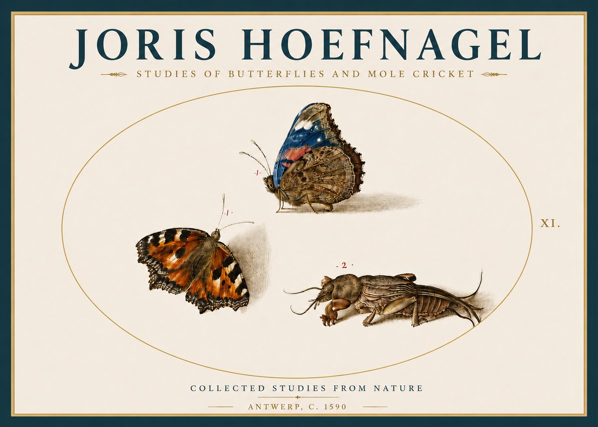 Joris Hoefnagel Studies of Butterflies and Mole Cricket No4 - Juliste