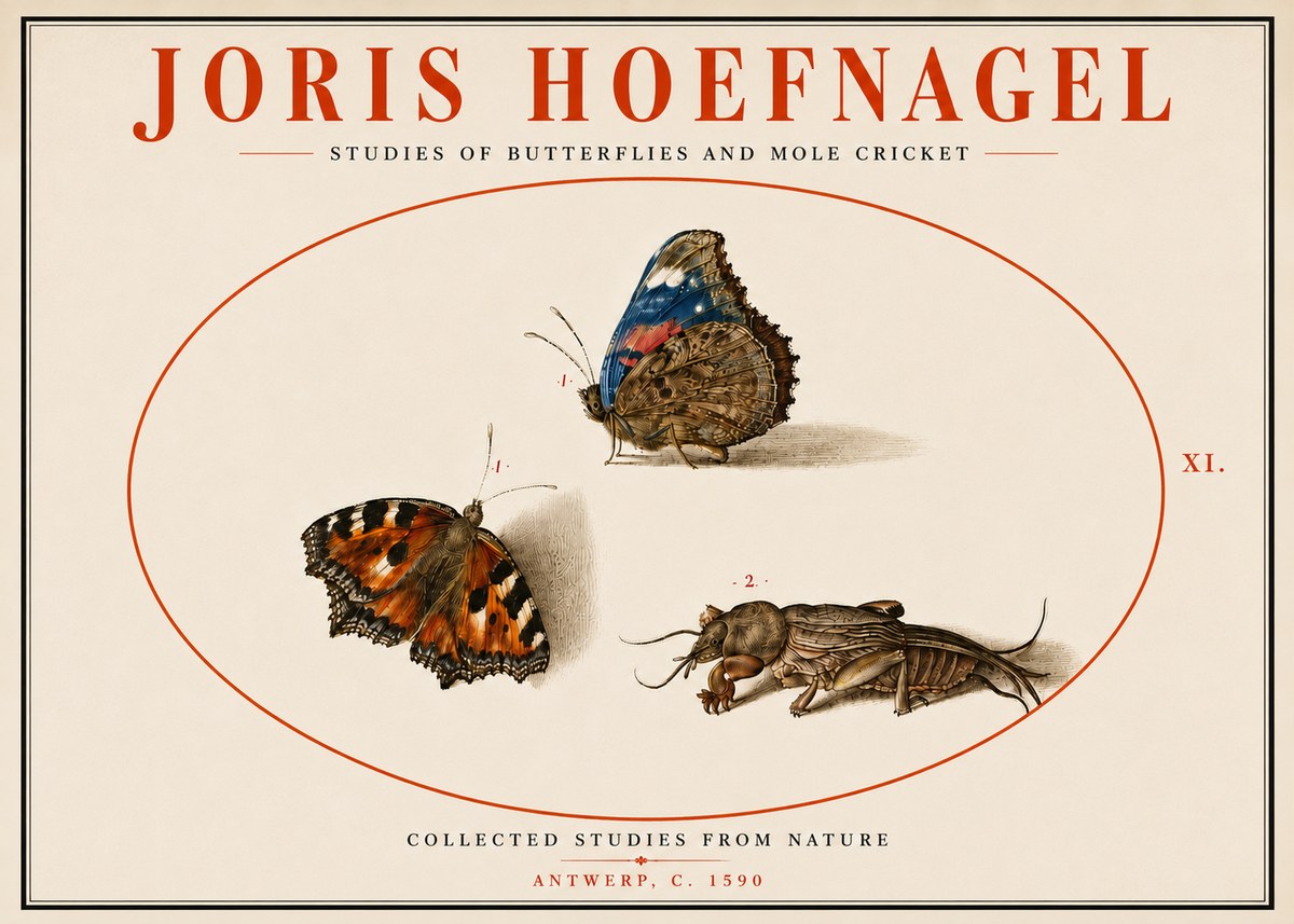 Joris Hoefnagel Studies of Butterflies and Mole Cricket No5 - Juliste