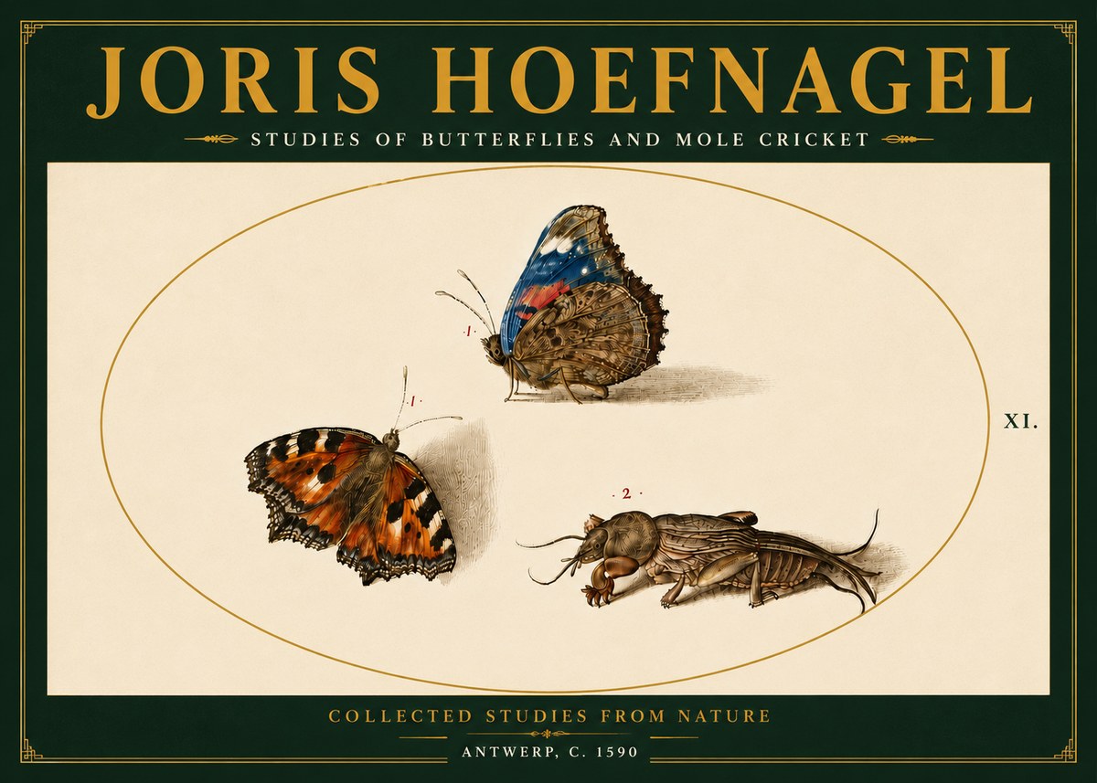 Joris Hoefnagel Studies of Butterflies and Mole Cricket No6 - Juliste