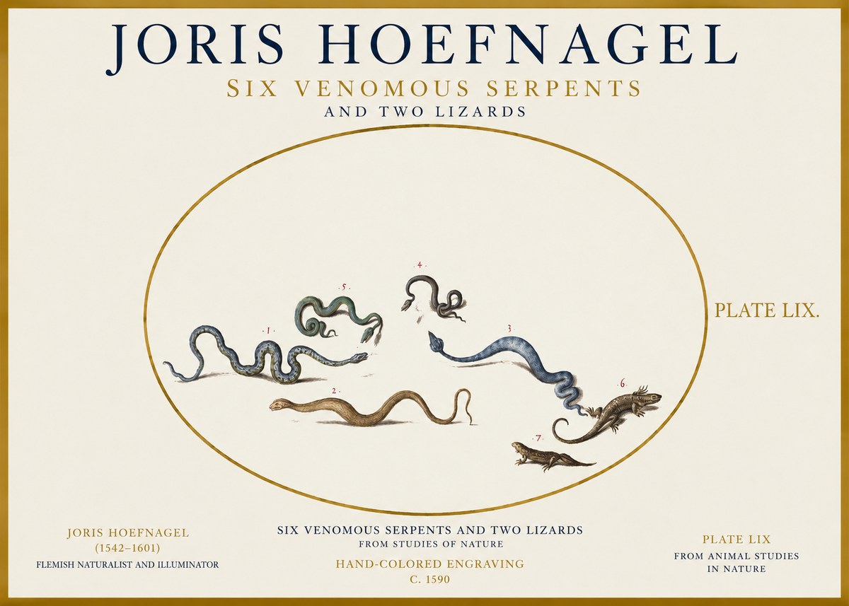 Joris Hoefnagel Six Venomous Serpents and Two Lizards No1 - Juliste