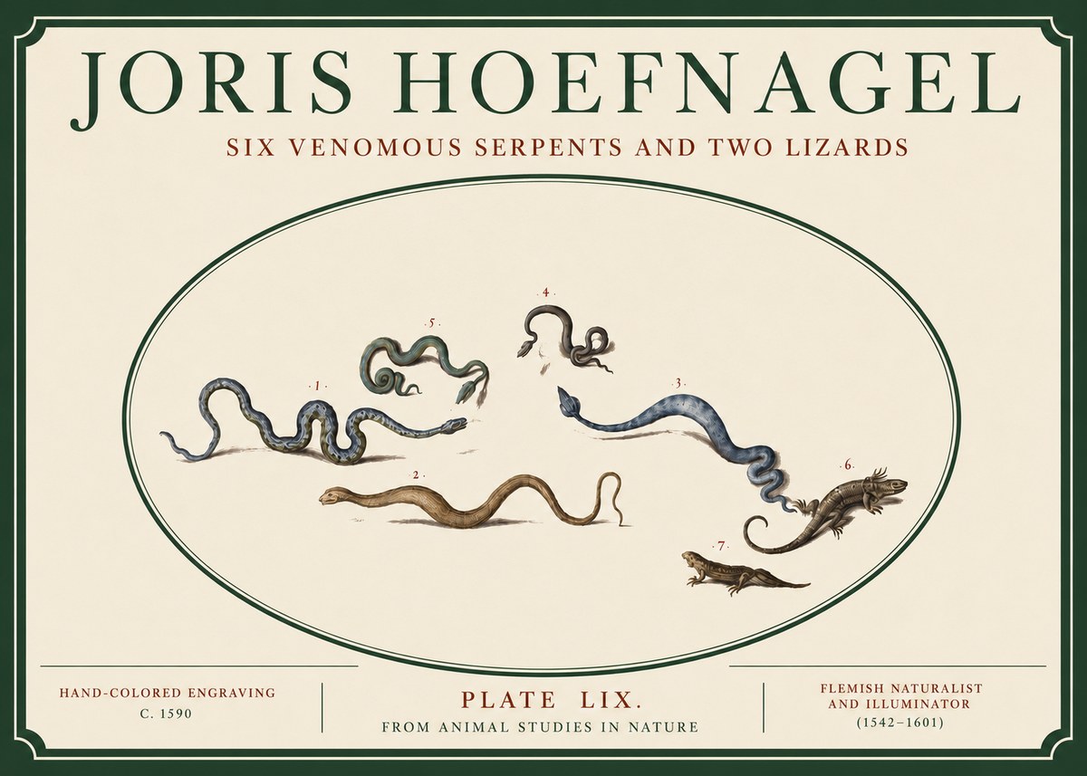 Joris Hoefnagel Six Venomous Serpents and Two Lizards No3 - Juliste