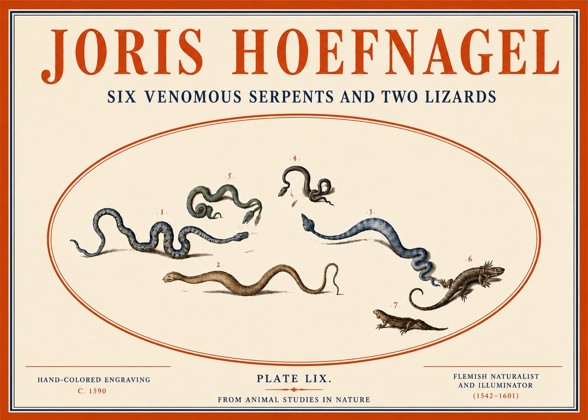 Joris Hoefnagel Six Venomous Serpents and Two Lizards No4 - Juliste