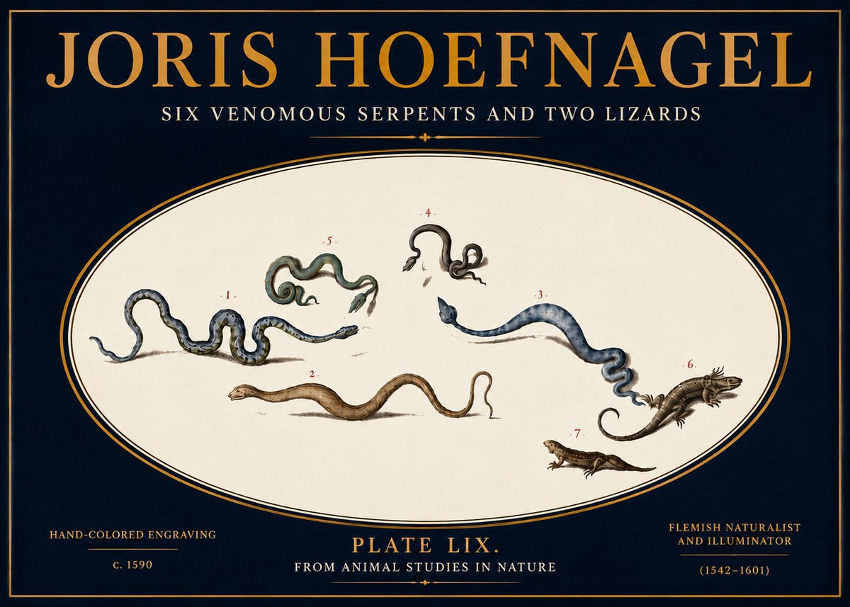 Joris Hoefnagel Six Venomous Serpents and Two Lizards No5 - Juliste