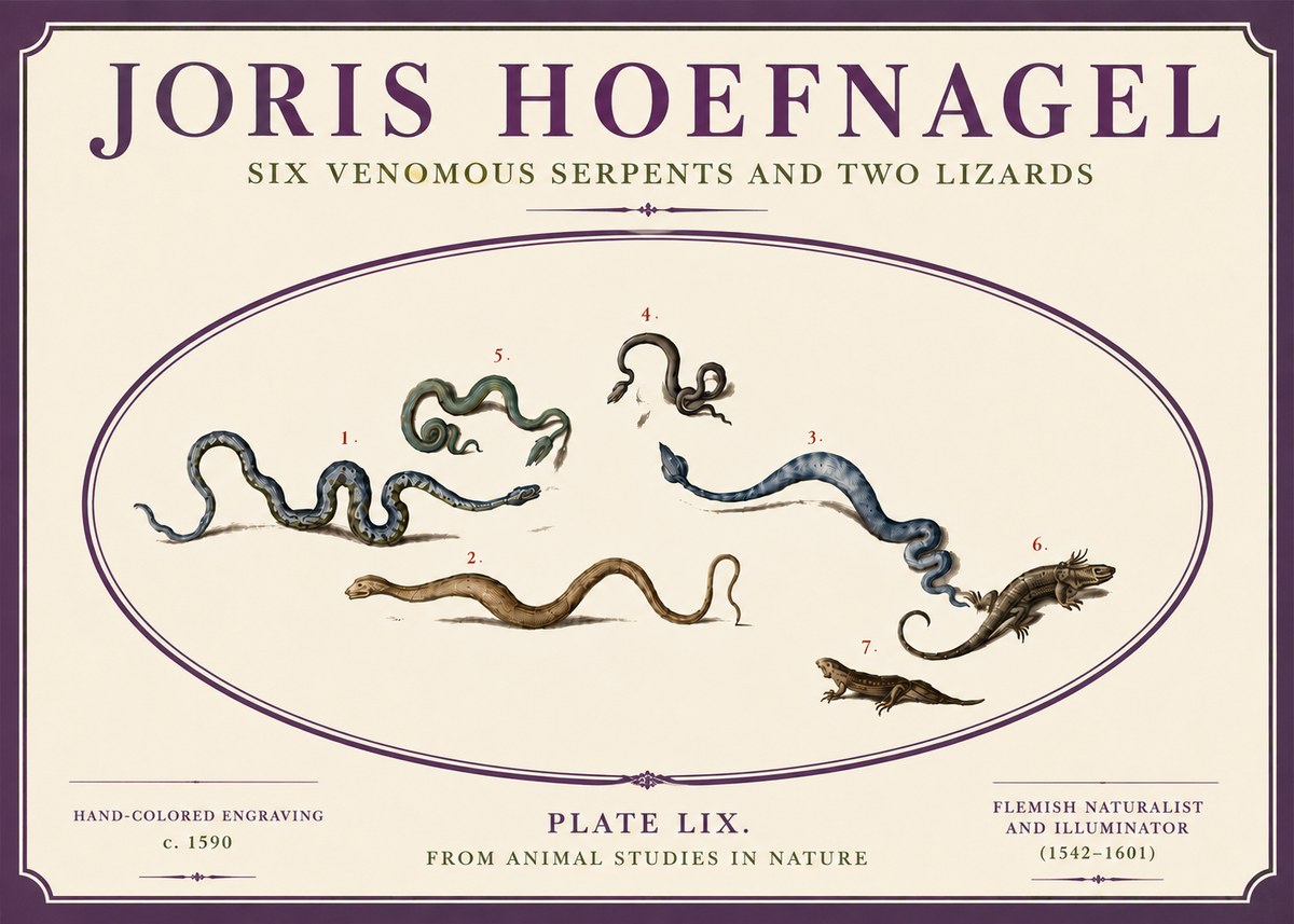 Joris Hoefnagel Six Venomous Serpents and Two Lizards No6 - Juliste