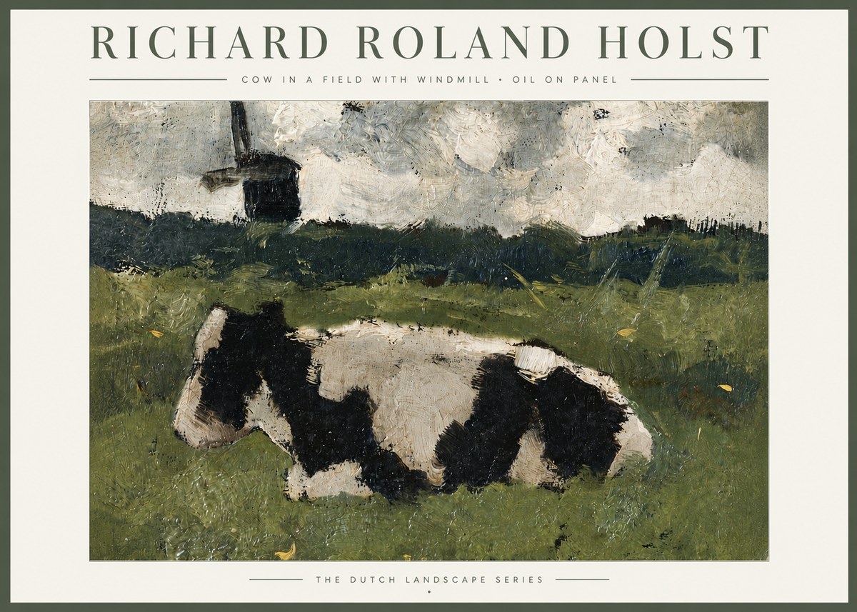 Richard Roland Holst Cow in a Field with Windmill No4 - Juliste