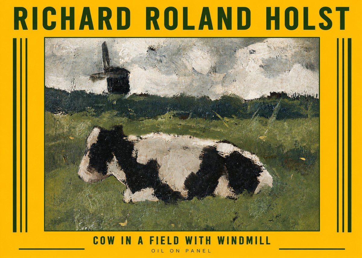 Richard Roland Holst Cow in a Field with Windmill No6 - Juliste
