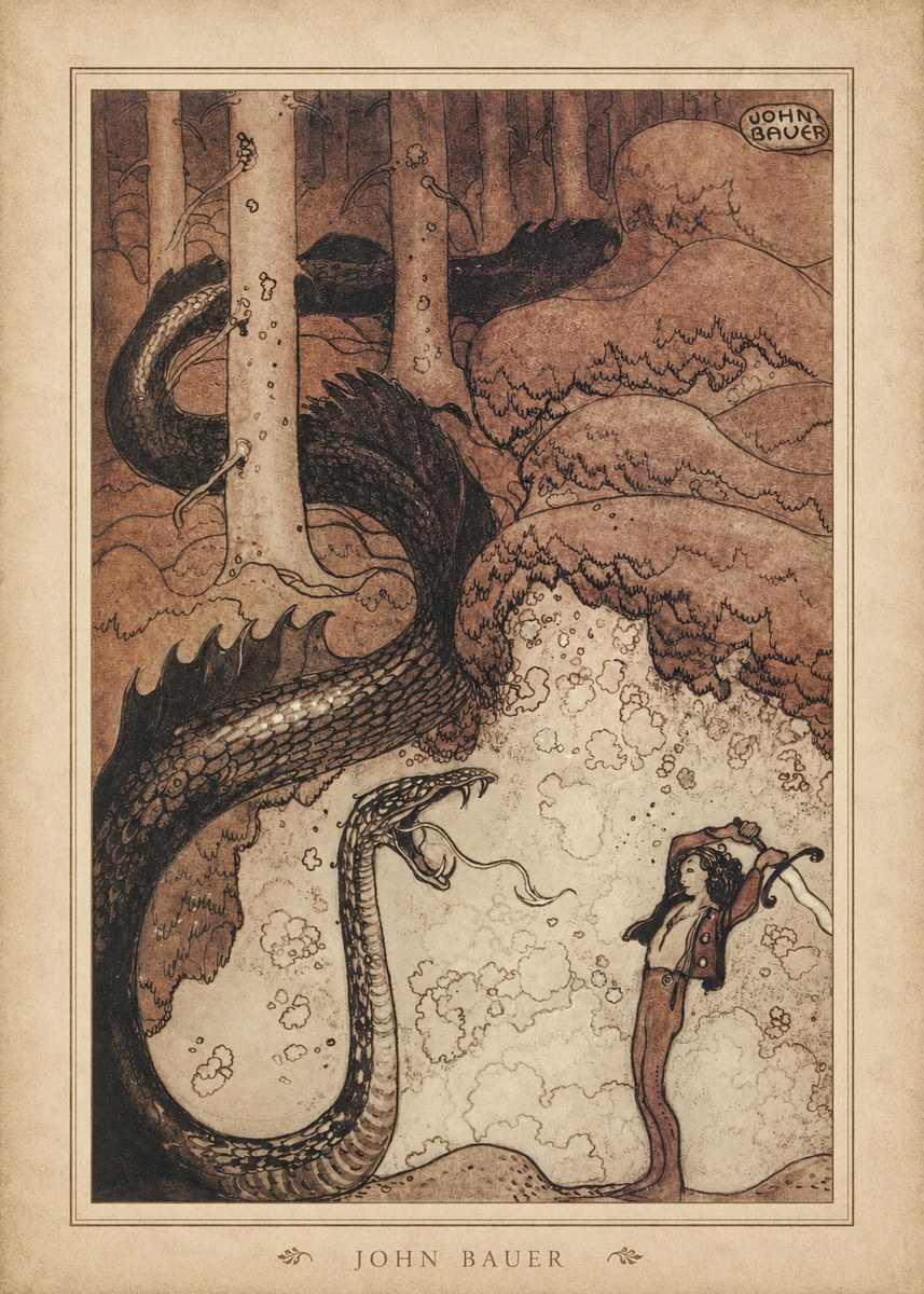 John Bauer The Boy and the Serpent No4 - Juliste
