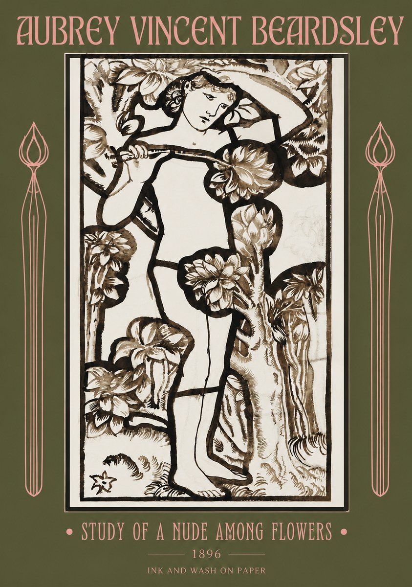 Aubrey Beardsley Study of a Nude Among Flowers No2 - Juliste