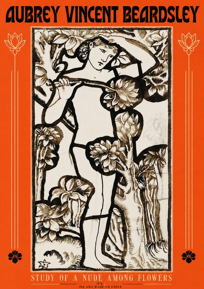 Aubrey Beardsley Study of a Nude Among Flowers No3 - Juliste