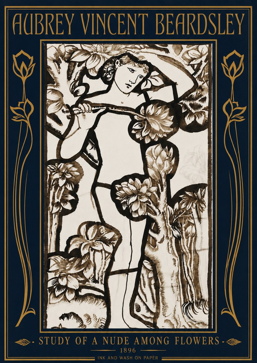 Aubrey Beardsley Study of a Nude Among Flowers No4 - Juliste