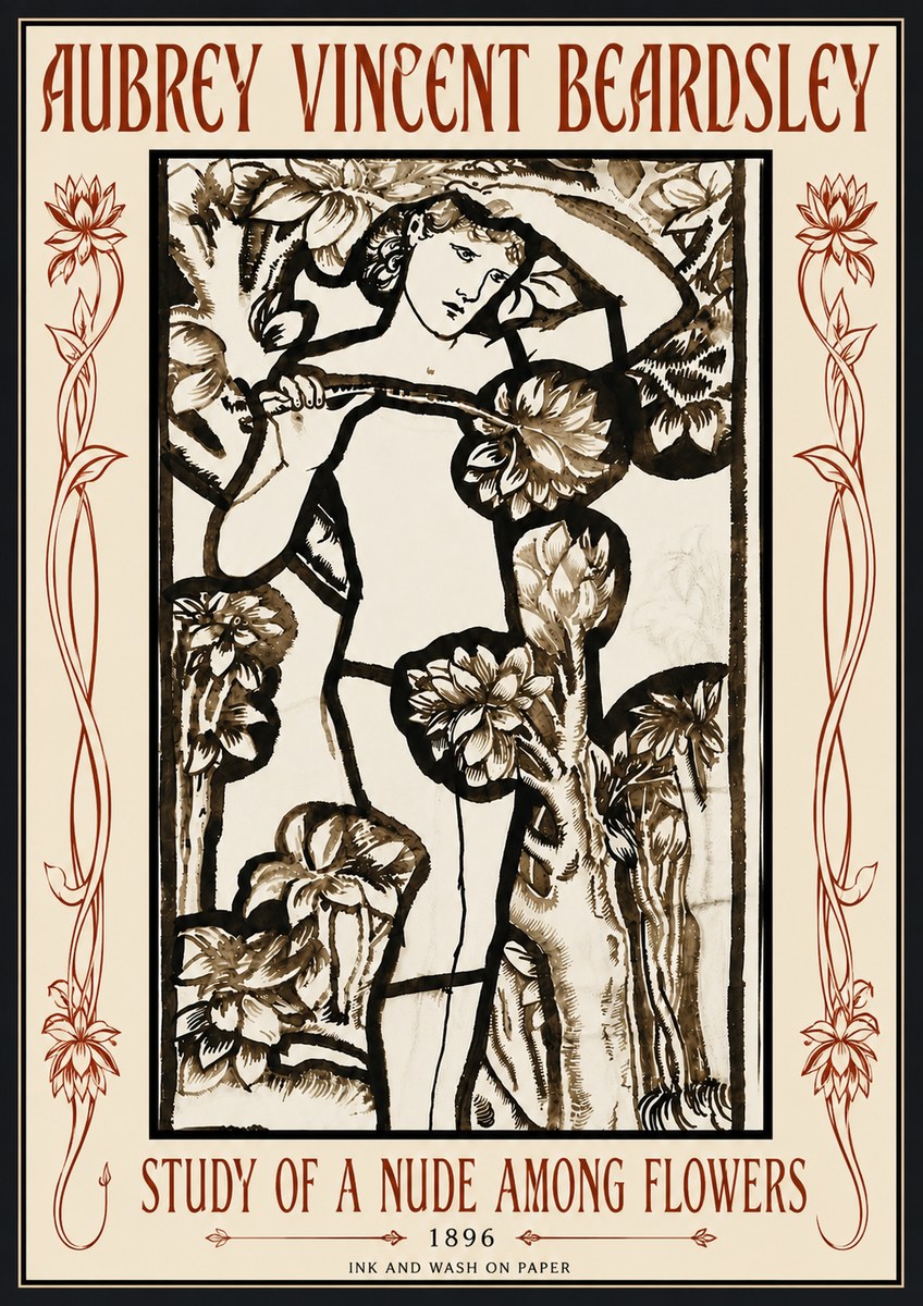 Aubrey Beardsley Study of a Nude Among Flowers No6 - Juliste