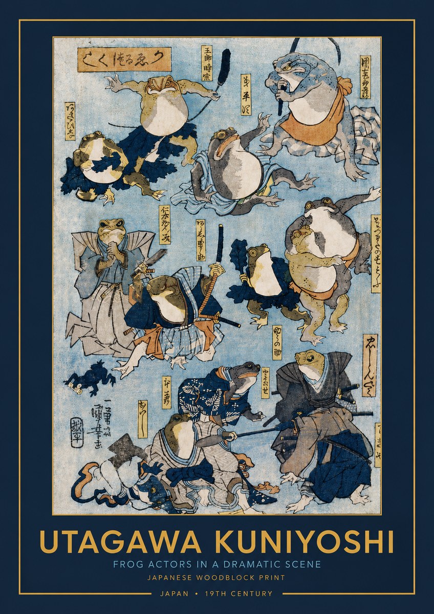 Utagawa Kuniyoshi Frog Actors in a Dramatic Scene No3 - Juliste