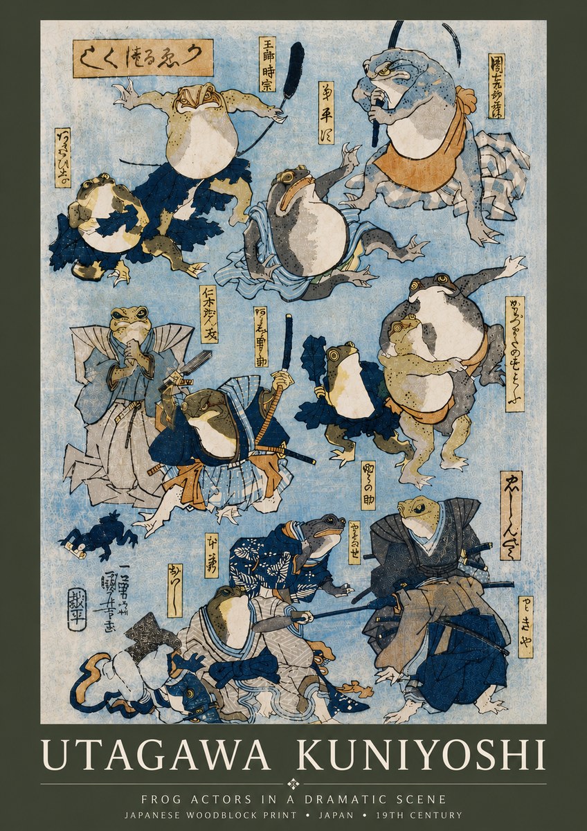 Utagawa Kuniyoshi Frog Actors in a Dramatic Scene No6 - Juliste