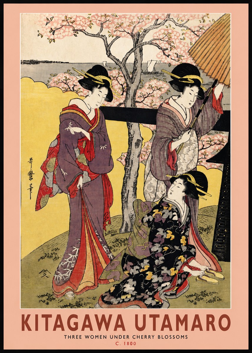 Kitagawa Utamaro Three Women Under Cherry Blossoms No2 - Juliste