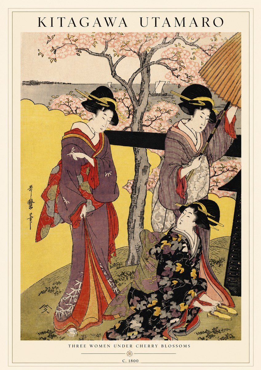 Kitagawa Utamaro Three Women Under Cherry Blossoms No3 - Juliste