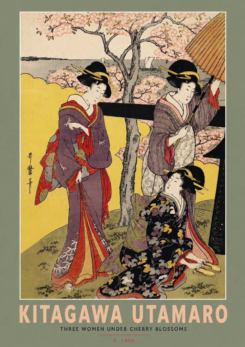 Kitagawa Utamaro Three Women Under Cherry Blossoms No4 - Juliste