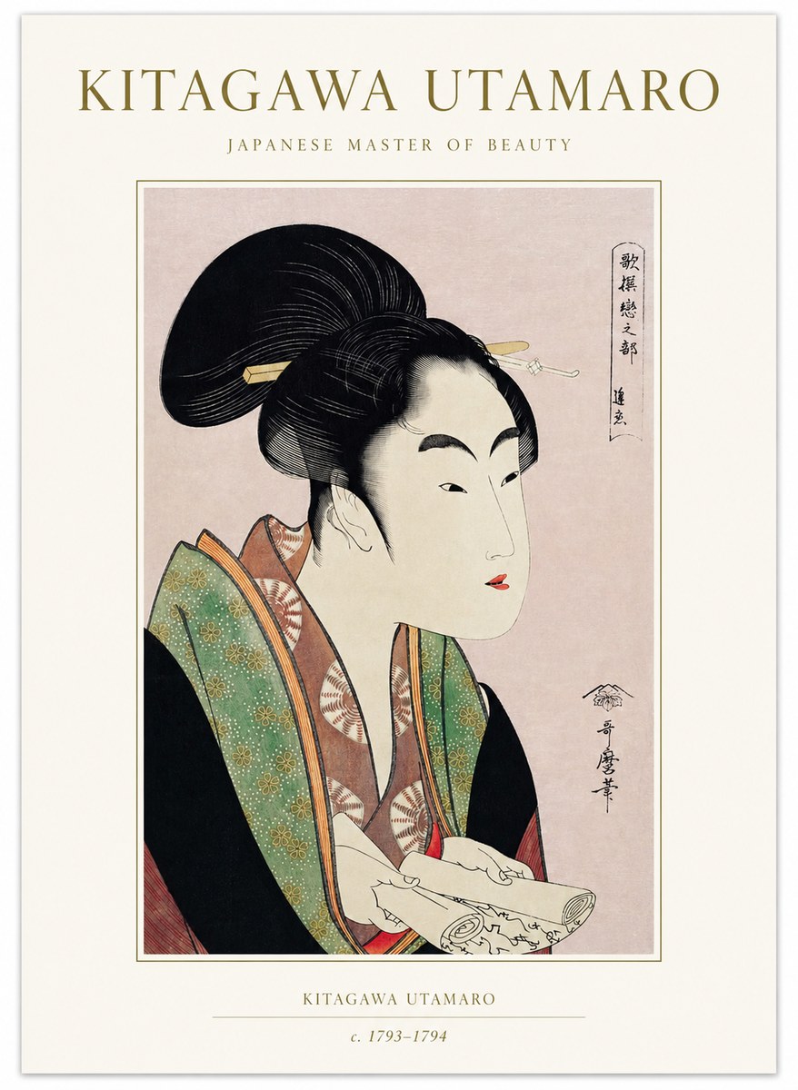 Kitagawa Utamaro Courtesan Reading a Scroll No1 - Juliste