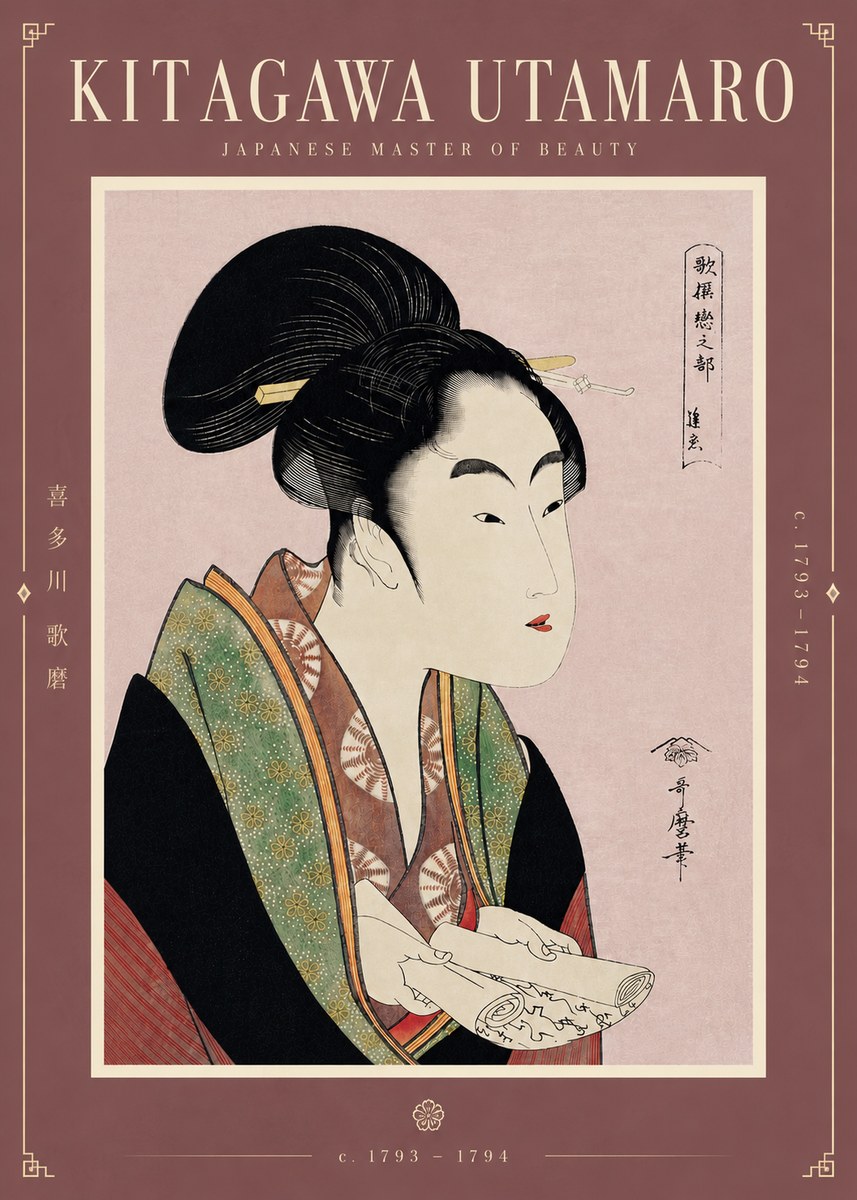Kitagawa Utamaro Courtesan Reading a Scroll No5 - Juliste