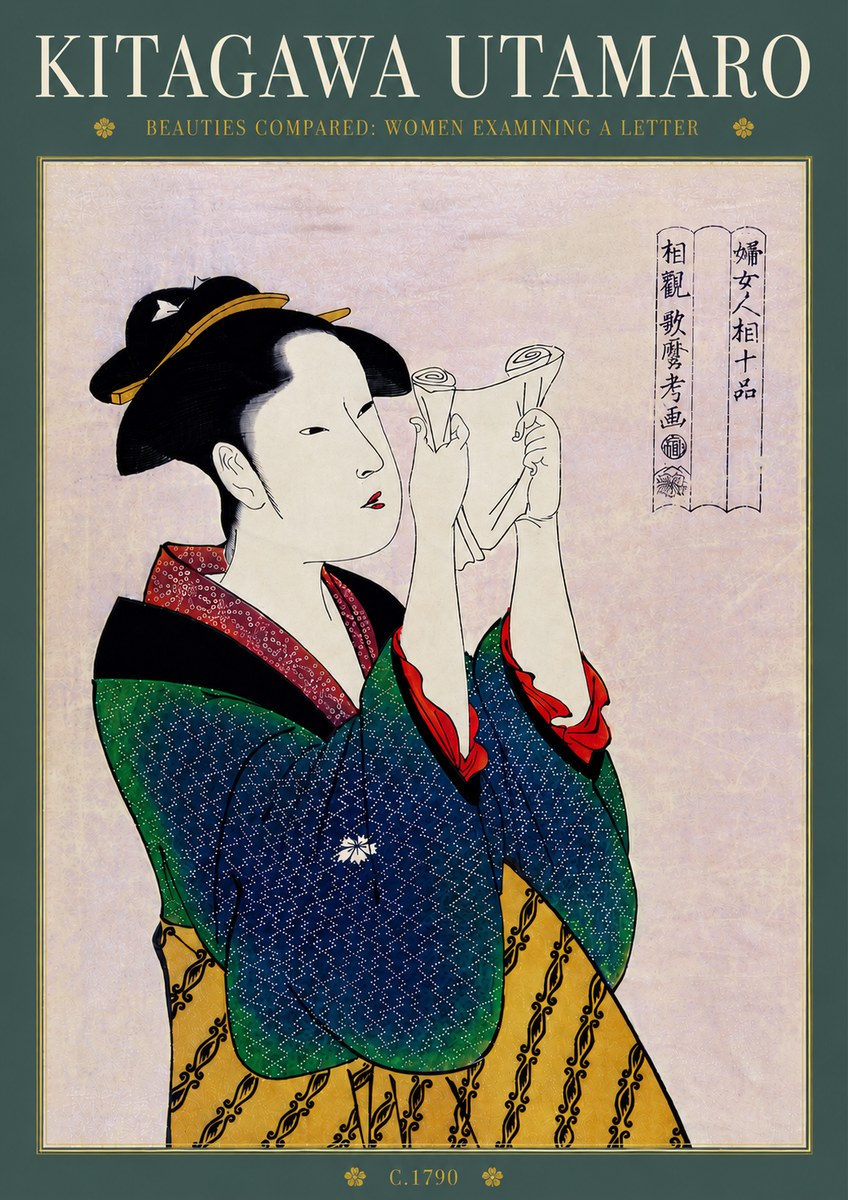 Kitagawa Utamaro Beauties Compared: Women Examining a Letter No6 - Juliste