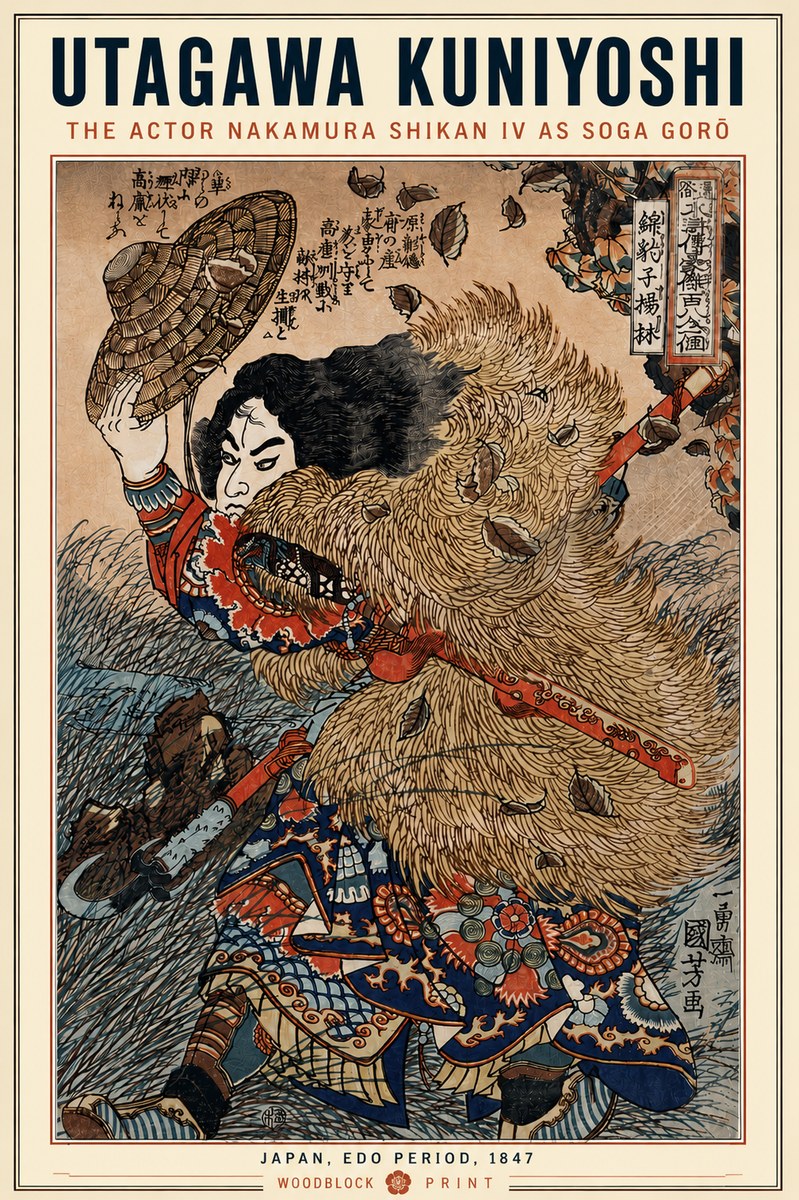 Utagawa Kuniyoshi The Actor Nakamura Shikan Iv as Soga Gorō No5 - Juliste