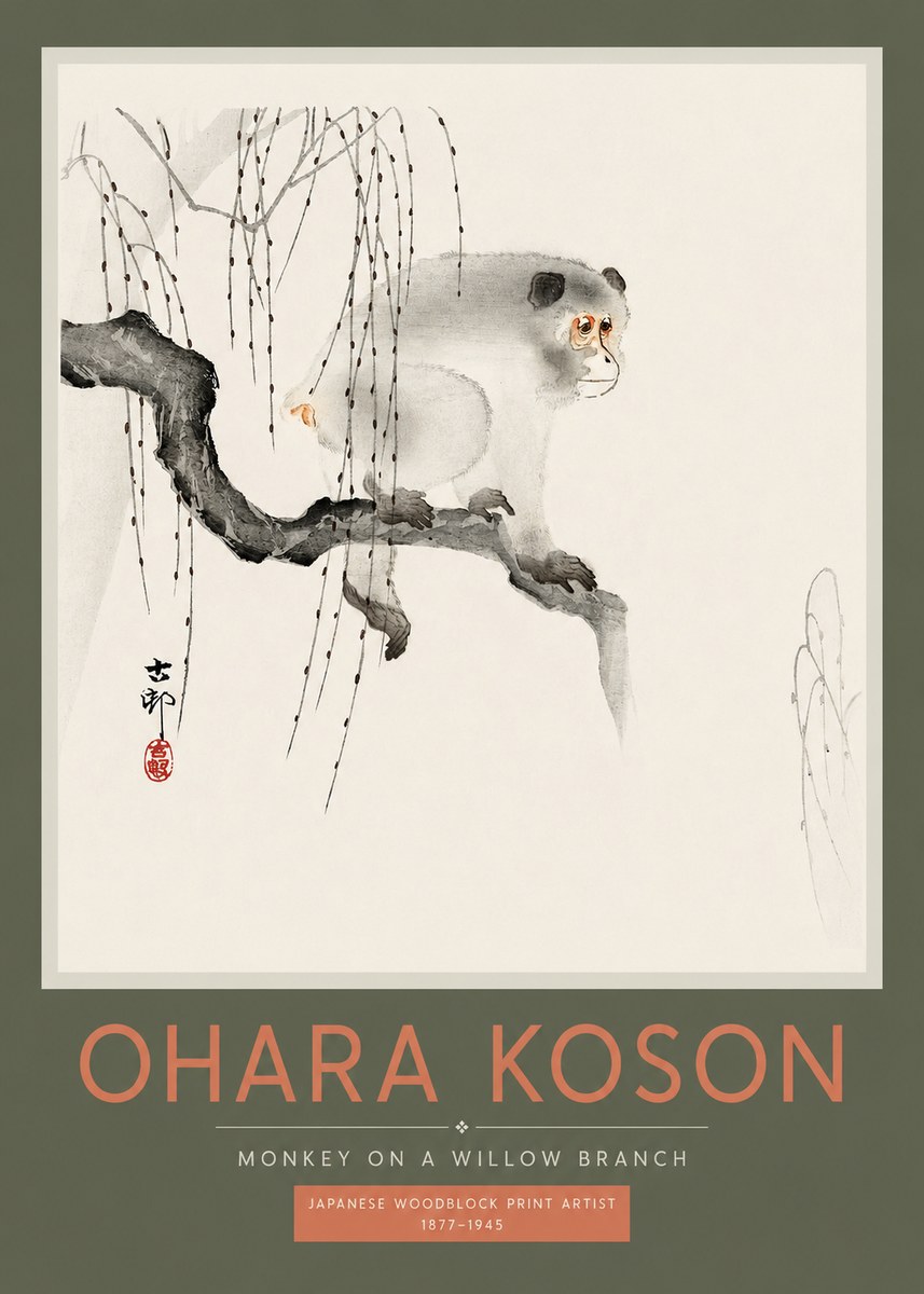 Ohara Koson Monkey on a Willow Branch No2 - Juliste
