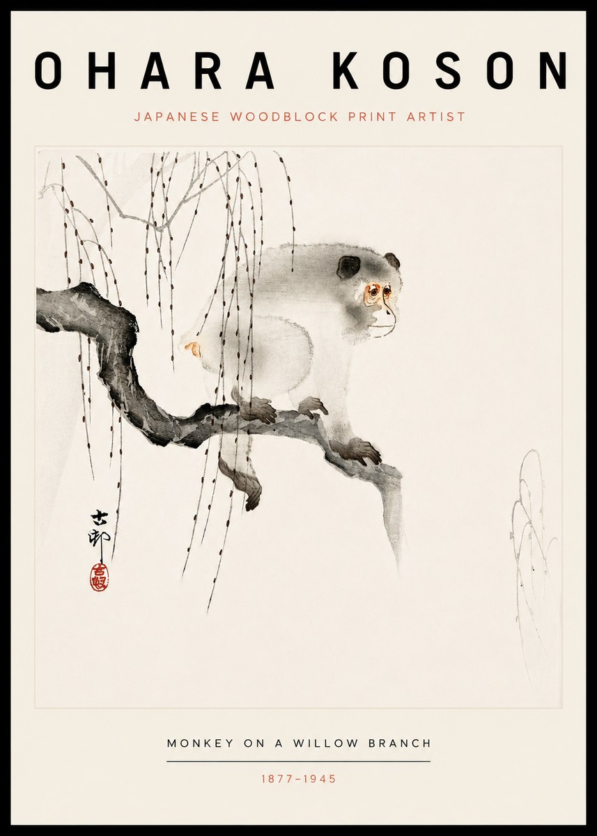 Ohara Koson Monkey on a Willow Branch No3 - Juliste
