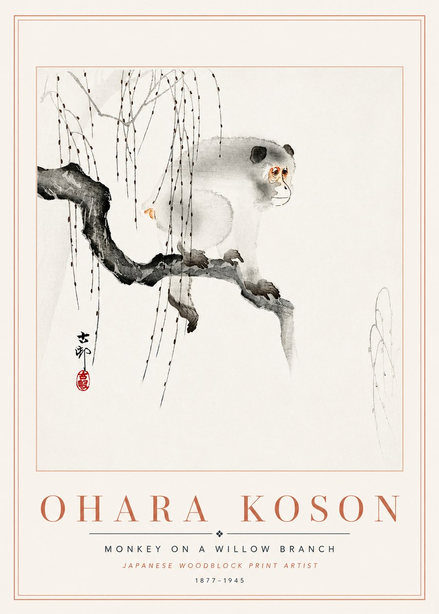 Ohara Koson Monkey on a Willow Branch No6 - Juliste
