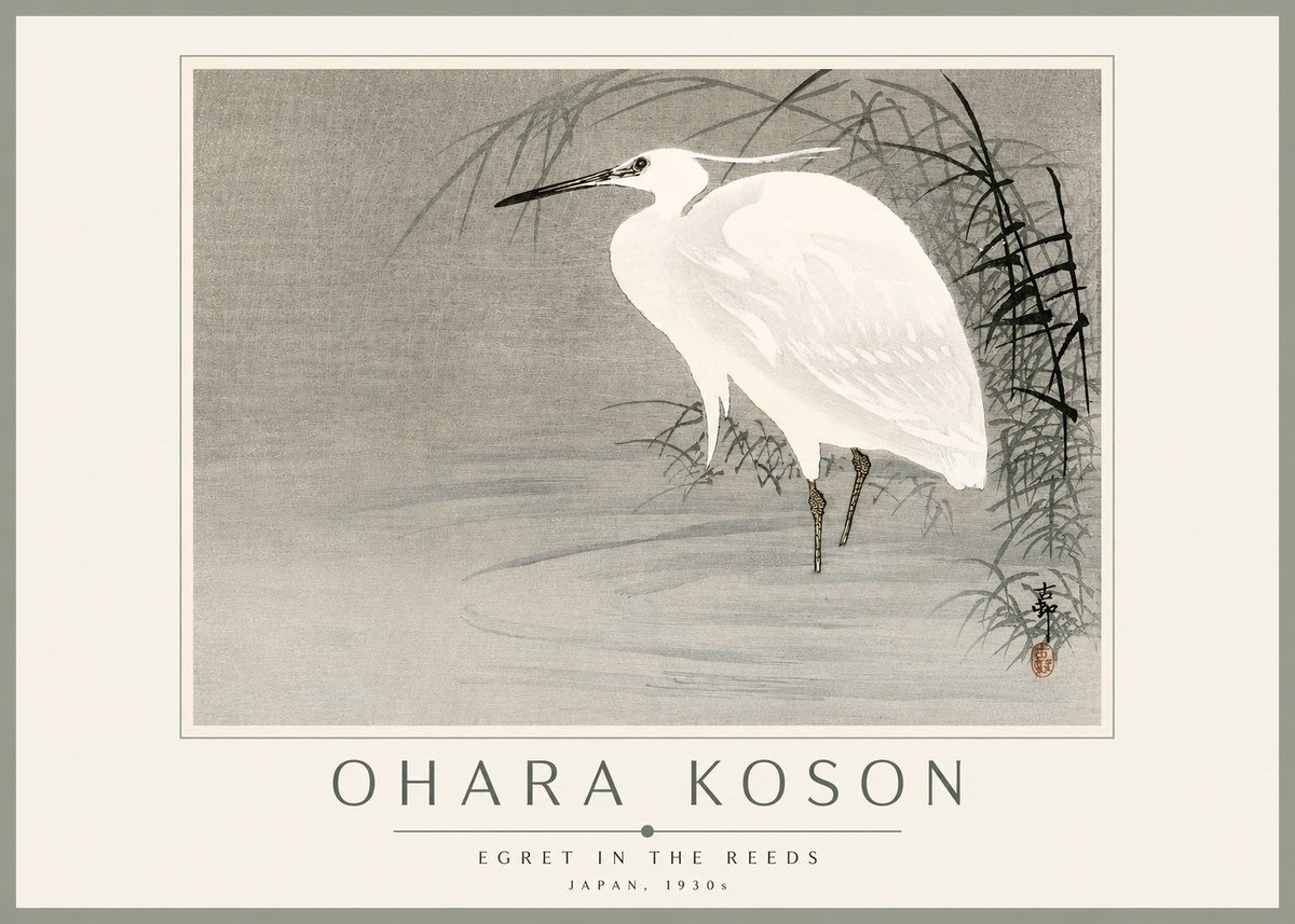 Ohara Koson Egret in the Reeds No3 - Juliste