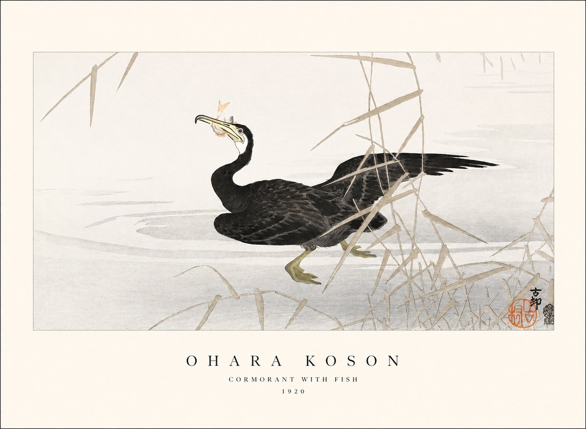 Ohara Koson Cormorant with Fish No1 - Juliste