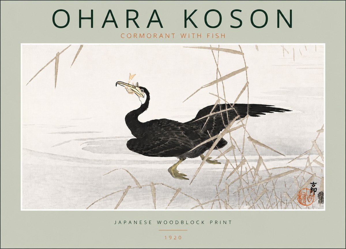 Ohara Koson Cormorant with Fish No5 - Juliste