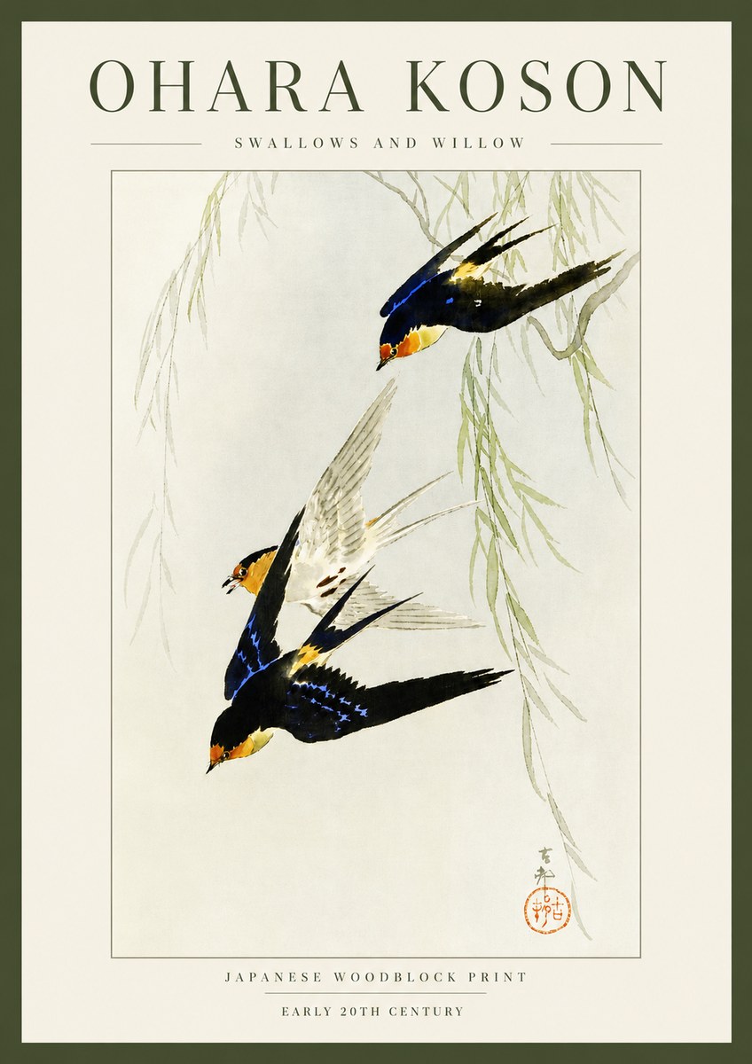 Ohara Koson Swallows and Willow I No3 - Juliste
