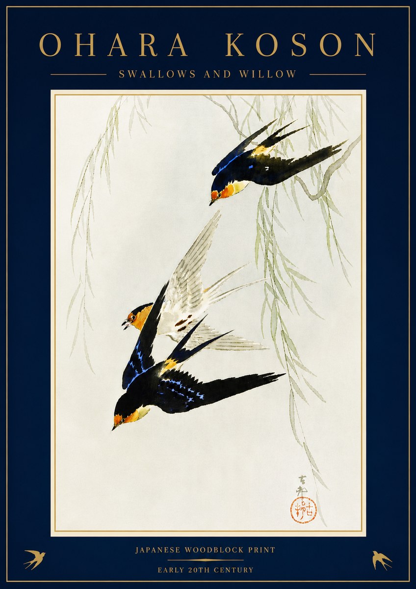 Ohara Koson Swallows and Willow I No5 - Juliste