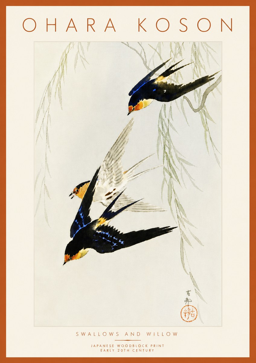 Ohara Koson Swallows and Willow I No6 - Juliste