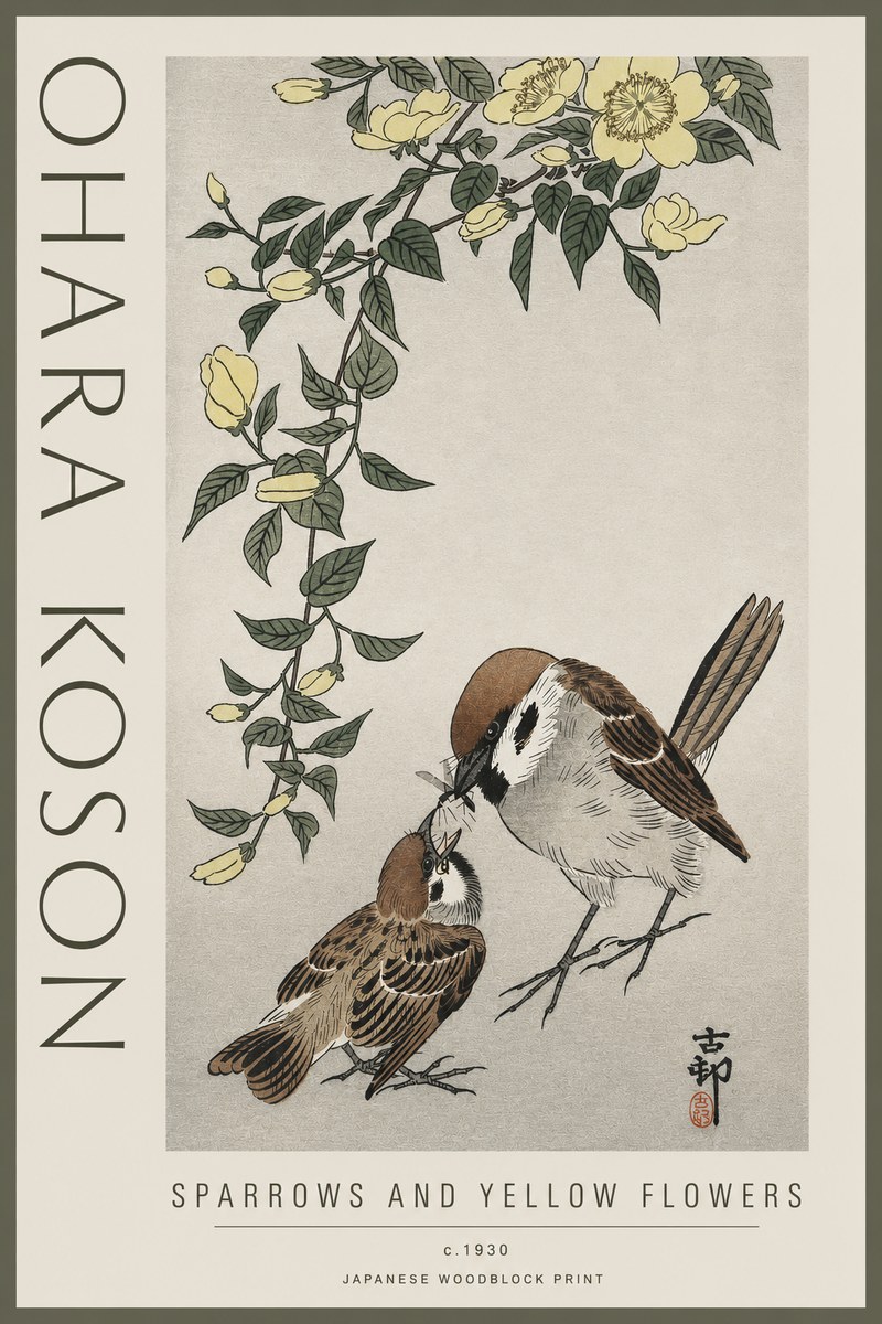 Ohara Koson Sparrows and Yellow Flowers No3 - Juliste