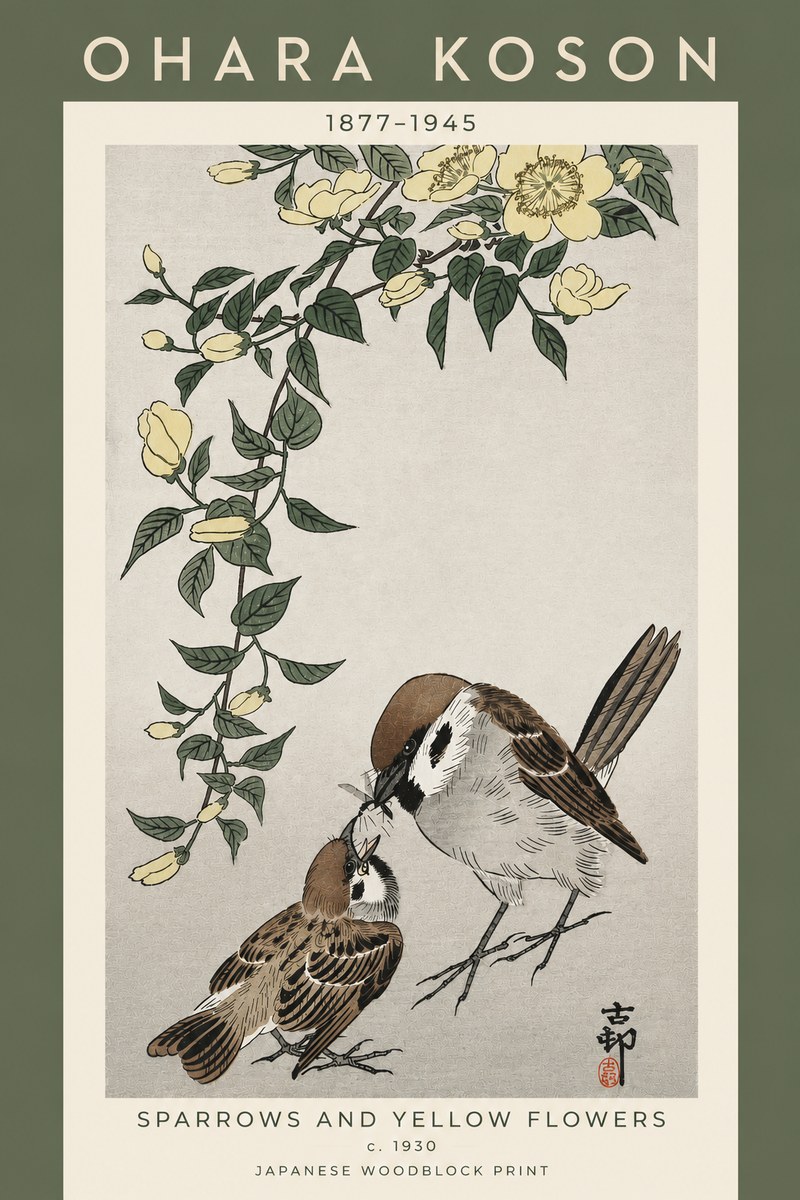 Ohara Koson Sparrows and Yellow Flowers No5 - Juliste