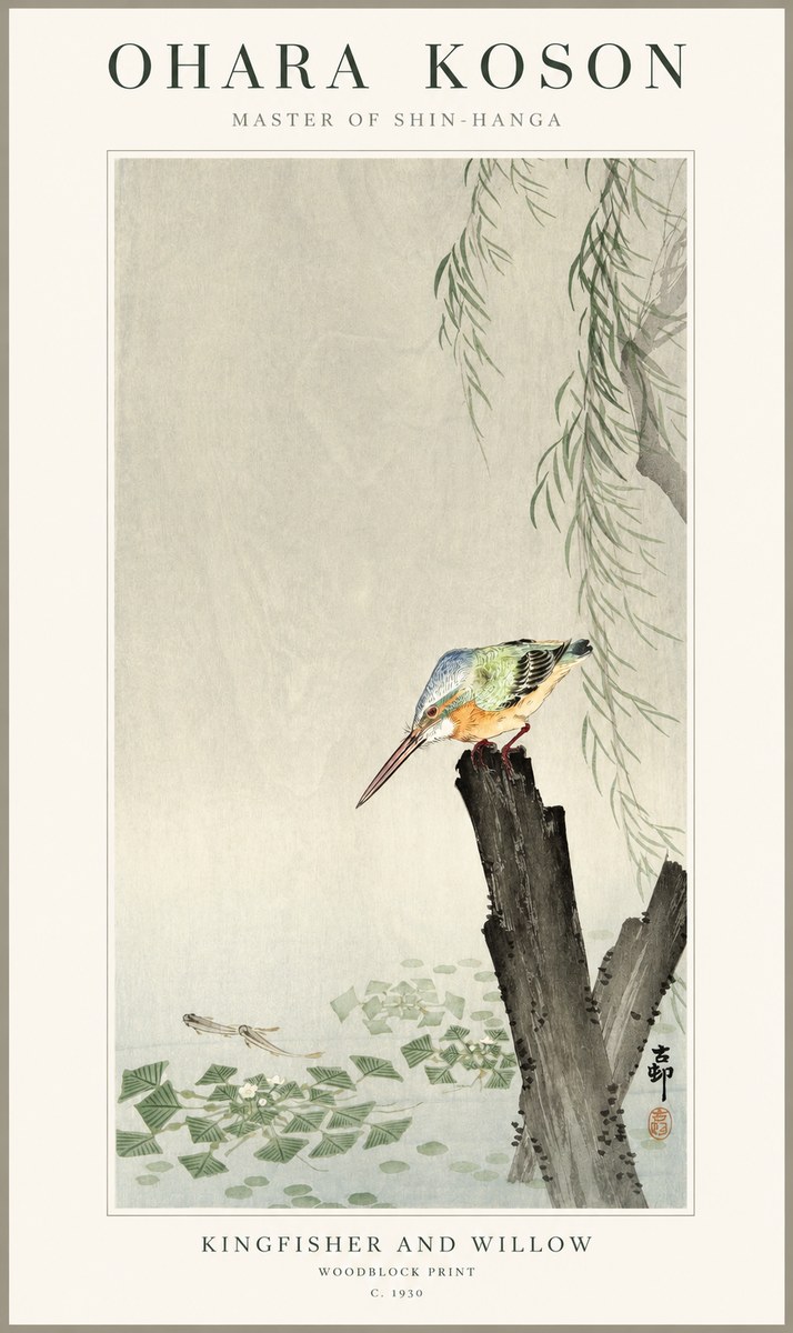 Ohara Koson Kingfisher and Willow No1 - Juliste