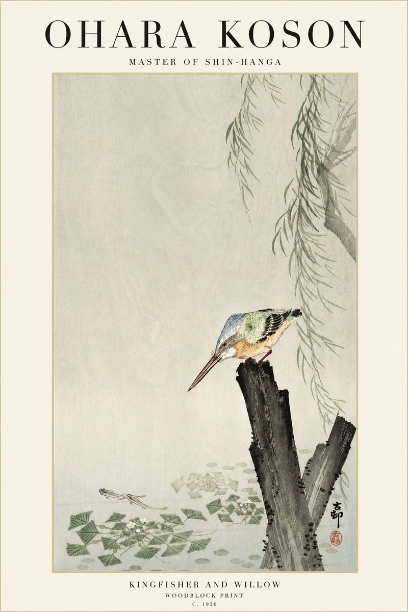 Ohara Koson Kingfisher and Willow No3 - Juliste