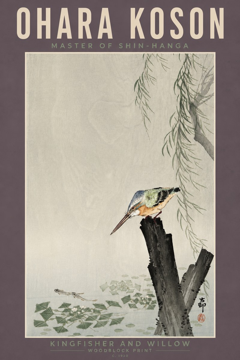 Ohara Koson Kingfisher and Willow No4 - Juliste