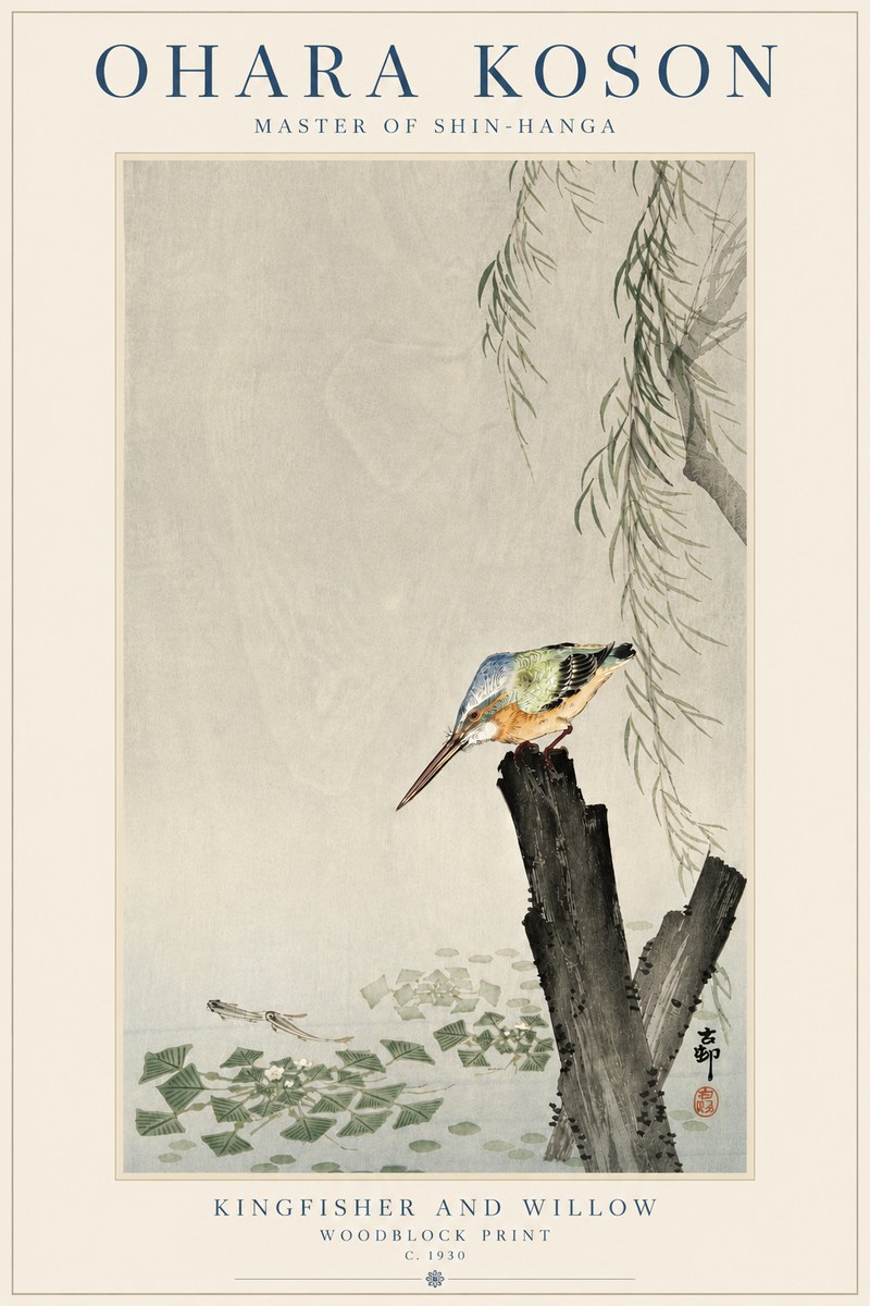 Ohara Koson Kingfisher and Willow No5 - Juliste