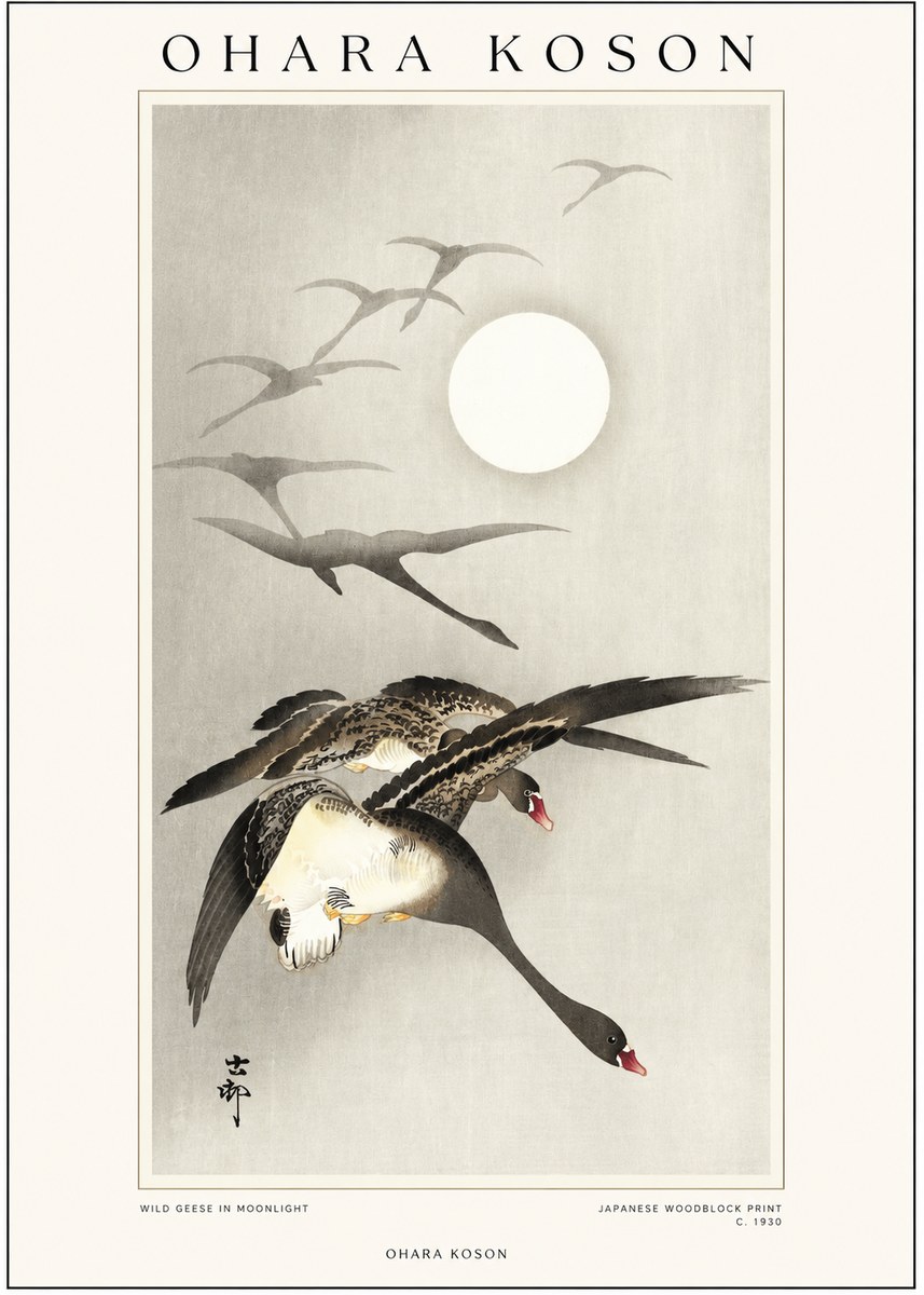 Ohara Koson Wild Geese in Moonlight I No1 - Juliste