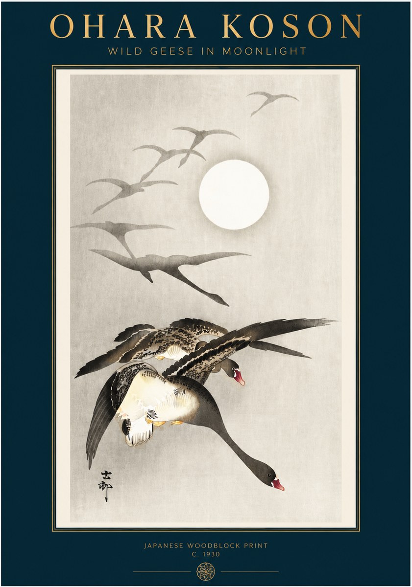 Ohara Koson Wild Geese in Moonlight I No3 - Juliste