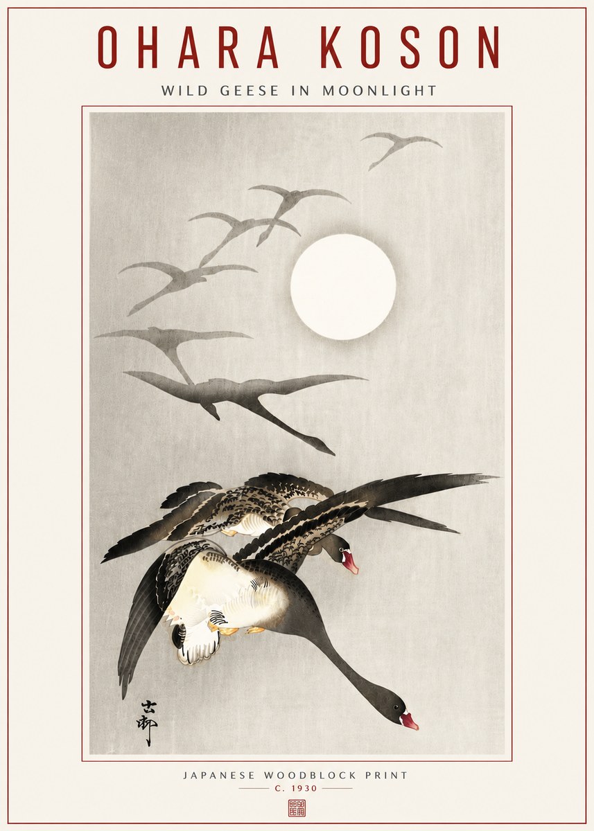 Ohara Koson Wild Geese in Moonlight I No5 - Juliste