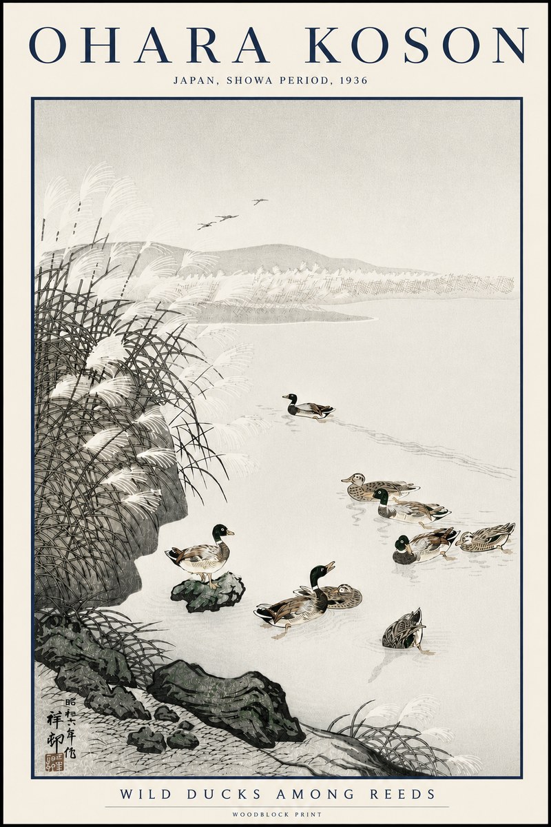 Ohara Koson Wild Ducks Among Reeds No3 - Juliste
