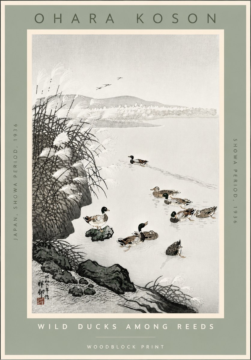 Ohara Koson Wild Ducks Among Reeds No4 - Juliste