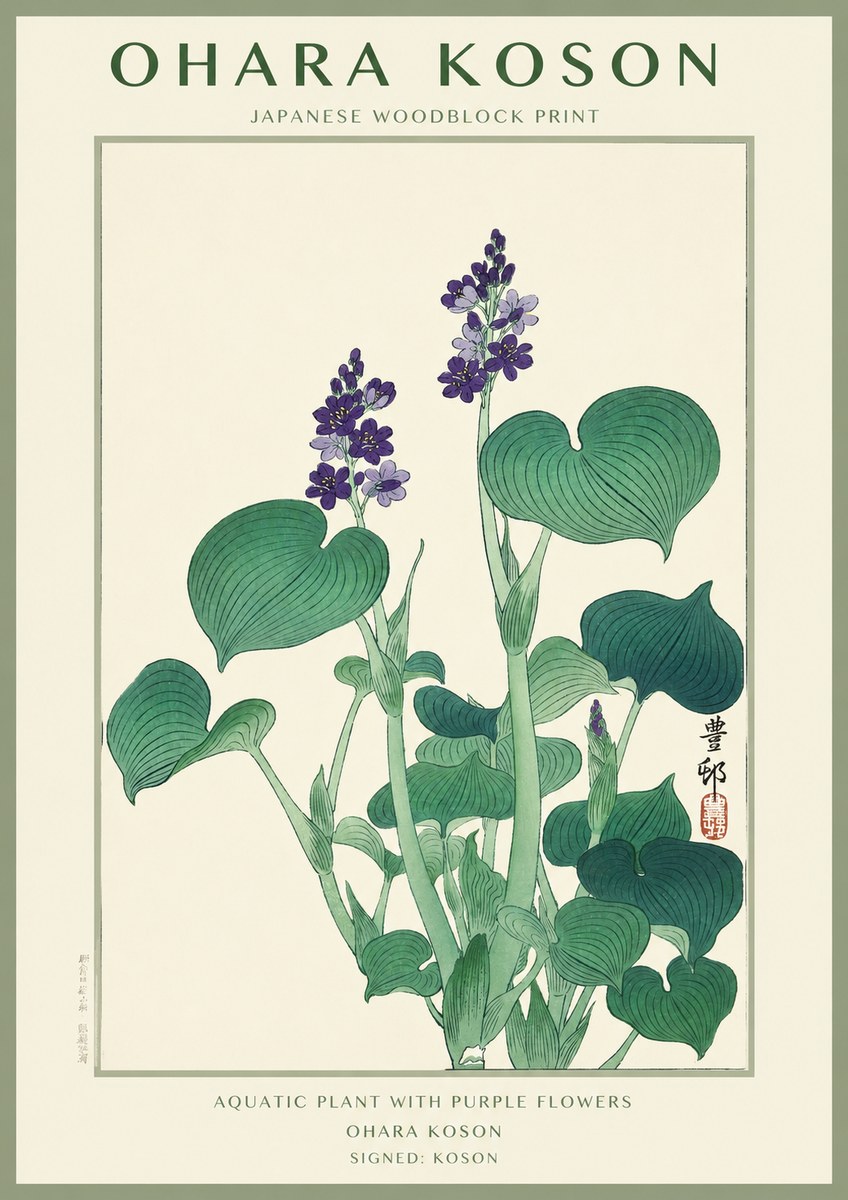 Ohara Koson Aquatic Plant with Purple Flowers No1 - Juliste