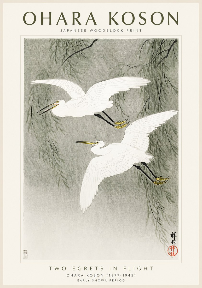 Ohara Koson Two Egrets in Flight No1 - Juliste