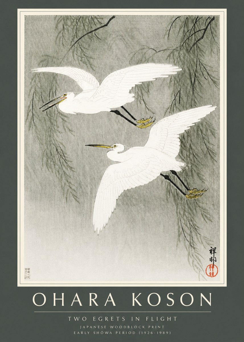 Ohara Koson Two Egrets in Flight No2 - Juliste