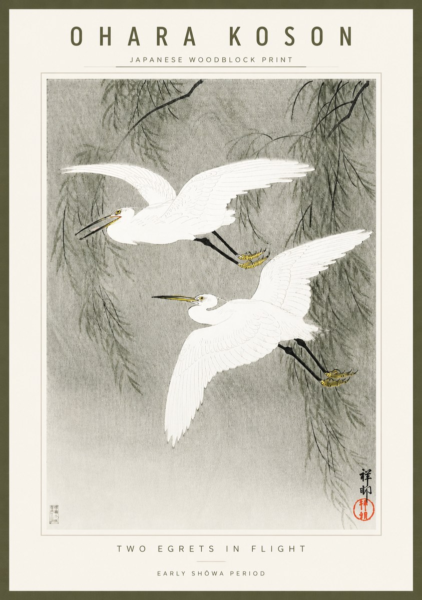 Ohara Koson Two Egrets in Flight No3 - Juliste