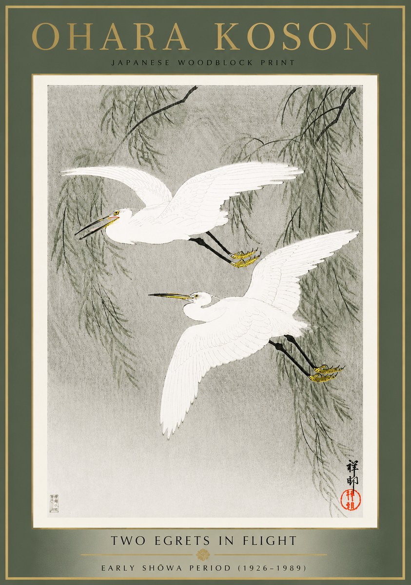 Ohara Koson Two Egrets in Flight No4 - Juliste