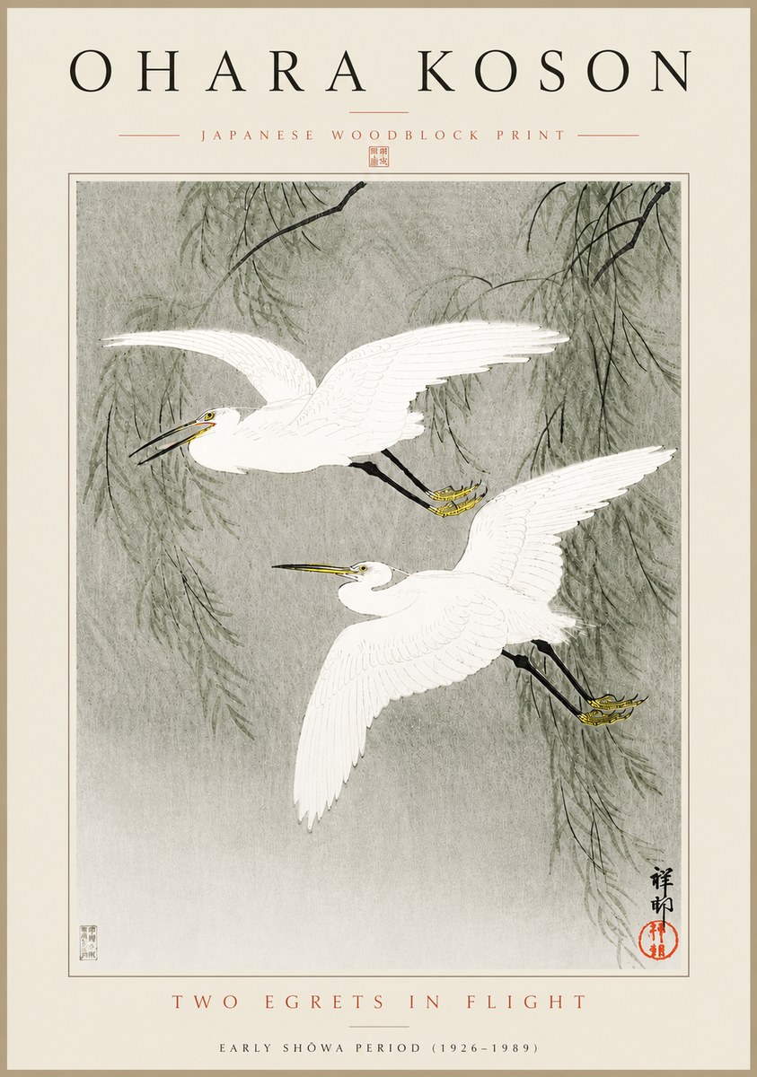 Ohara Koson Two Egrets in Flight No5 - Juliste